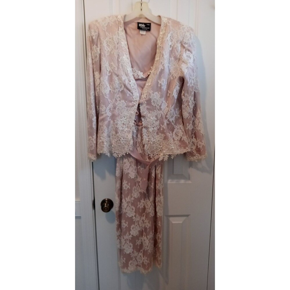 Ursula Women's Jacket Dress Formal 2 Piece Lace Covered Beige Gold Pearls Beauty